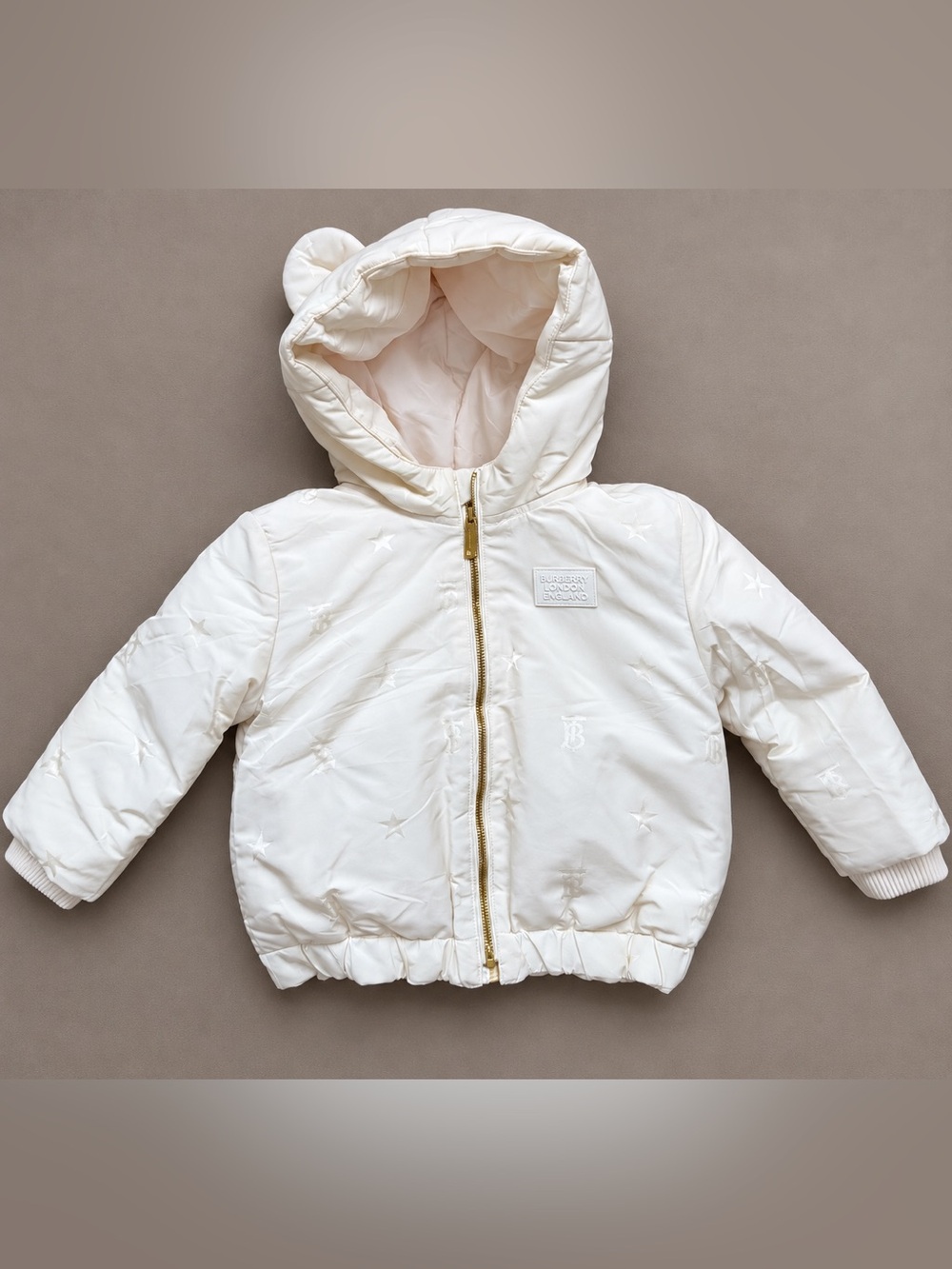 Burberry Baby Ivory Down Puffer Jacket TB Monogram Stars Bear Ear Hood